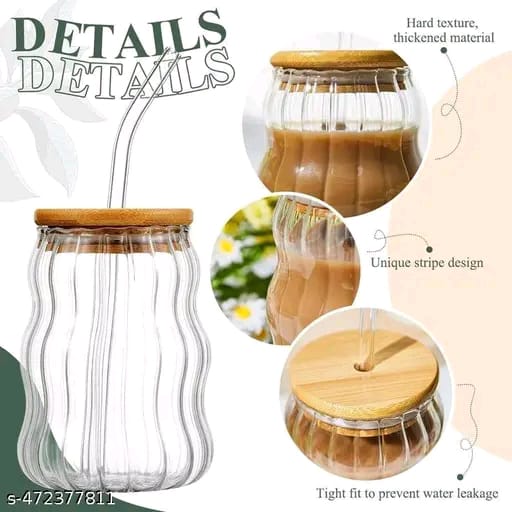 Aesthetic Wave shape coffee tumblers with wooden lid and straw (Pack of 1) for coffee, milk shakes, smoothies, cold beverages and many more