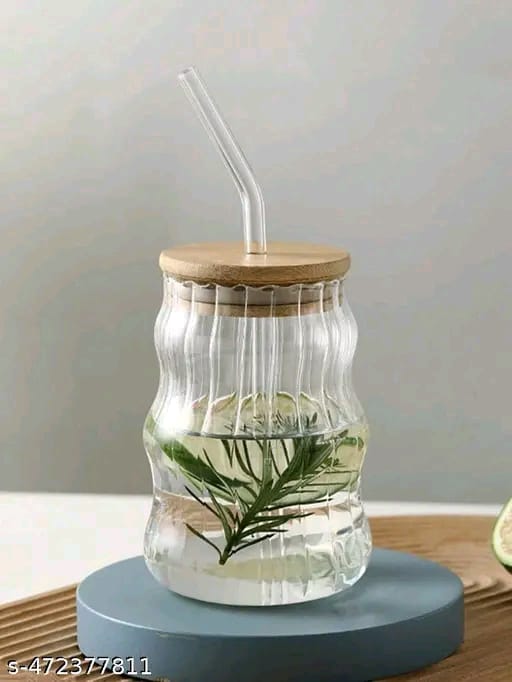 Aesthetic Wave shape coffee tumblers with wooden lid and straw (Pack of 1) for coffee, milk shakes, smoothies, cold beverages and many more