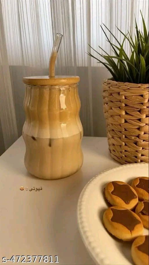 Aesthetic Wave shape coffee tumblers with wooden lid and straw (Pack of 1) for coffee, milk shakes, smoothies, cold beverages and many more