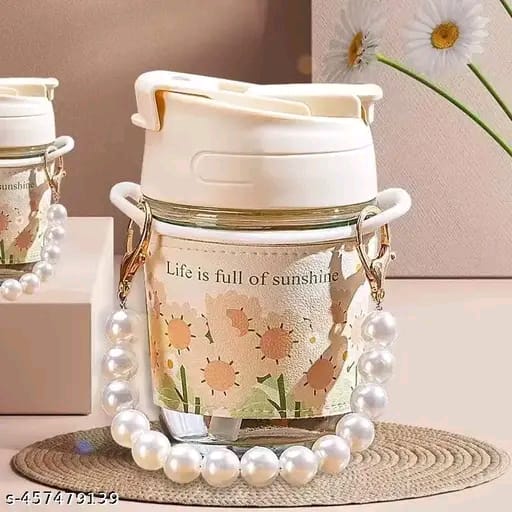 AANZIA Glass Coffee Mugs With Pearl Chain Belt & Sleeve Pack Of 1,Reusable Travel Sipper With Double Drink Straw And Lids,Kids Girls Tumbler For Juice Smoothies Milk Cups (White Pearl) - 350 Ml
