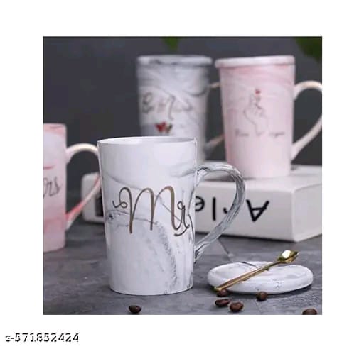 Premium Ceramic Marble Mr & Mrs Mug Set (2 pcs) with Lids & Golden Spoons – Anniversary Wedding Coffee Tea Couple Gift – Microwave & Dishwasher Safe