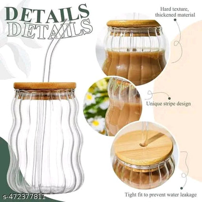 Aesthetic Wave shape coffee tumblers with wooden lid and straw (Pack of 1) for coffee, milk shakes, smoothies, cold beverages and many more