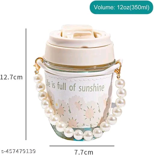 AANZIA Glass Coffee Mugs With Pearl Chain Belt & Sleeve Pack Of 1,Reusable Travel Sipper With Double Drink Straw And Lids,Kids Girls Tumbler For Juice Smoothies Milk Cups (White Pearl) - 350 Ml