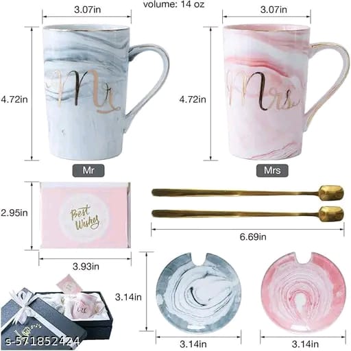 Premium Ceramic Marble Mr & Mrs Mug Set (2 pcs) with Lids & Golden Spoons – Anniversary Wedding Coffee Tea Couple Gift – Microwave & Dishwasher Safe