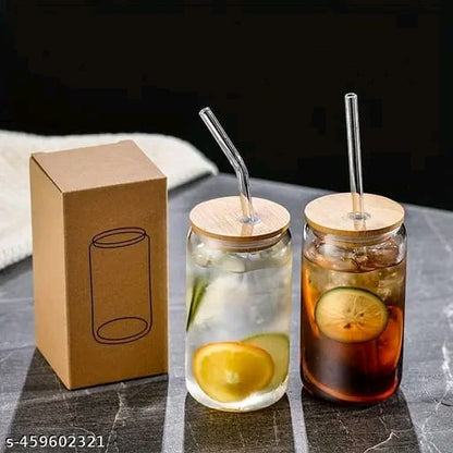 Fine Glassware Aesthetic Can shape tumbler with wooden lid and straw for coffee,ice tea, smoothie,jiuce nd many more (pack of 2)