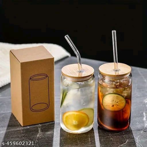 Fine Glassware Aesthetic Can shape tumbler with wooden lid and straw for coffee,ice tea, smoothie,jiuce nd many more (pack of 2)