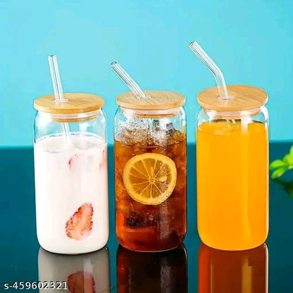 Fine Glassware Aesthetic Can shape tumbler with wooden lid and straw for coffee,ice tea, smoothie,jiuce nd many more (pack of 2)
