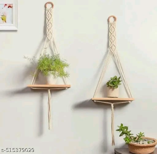 Wall Hanging Book Shelf | Boho Bedroom Wall Decor | Wood Floating Hanging Storage Shelf Organizer | Macrame Shelf for Hanging Plants and Wall Decor set of 2 ( best quality and best product )